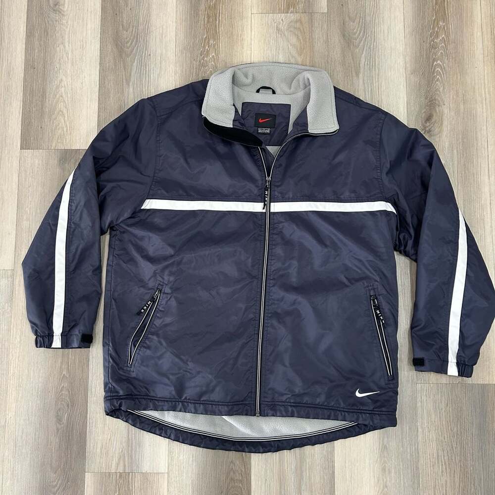 Nike Vintage Full Zip Nylon Jacket Size L Navy Blue Fleece Lined